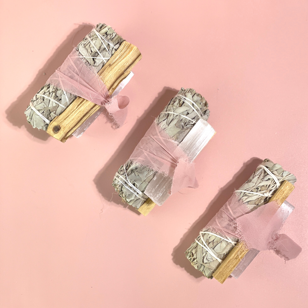 White Sage Protection Bundle with Selenite and Palo Santo Pink Chiffon