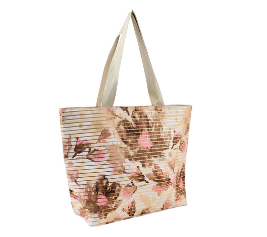 Floral and Gold Striped Tote