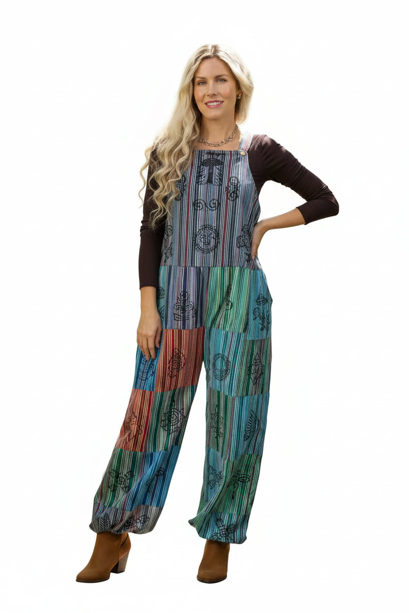 Cotton Stripped Patch Wide Leg Over-Alls